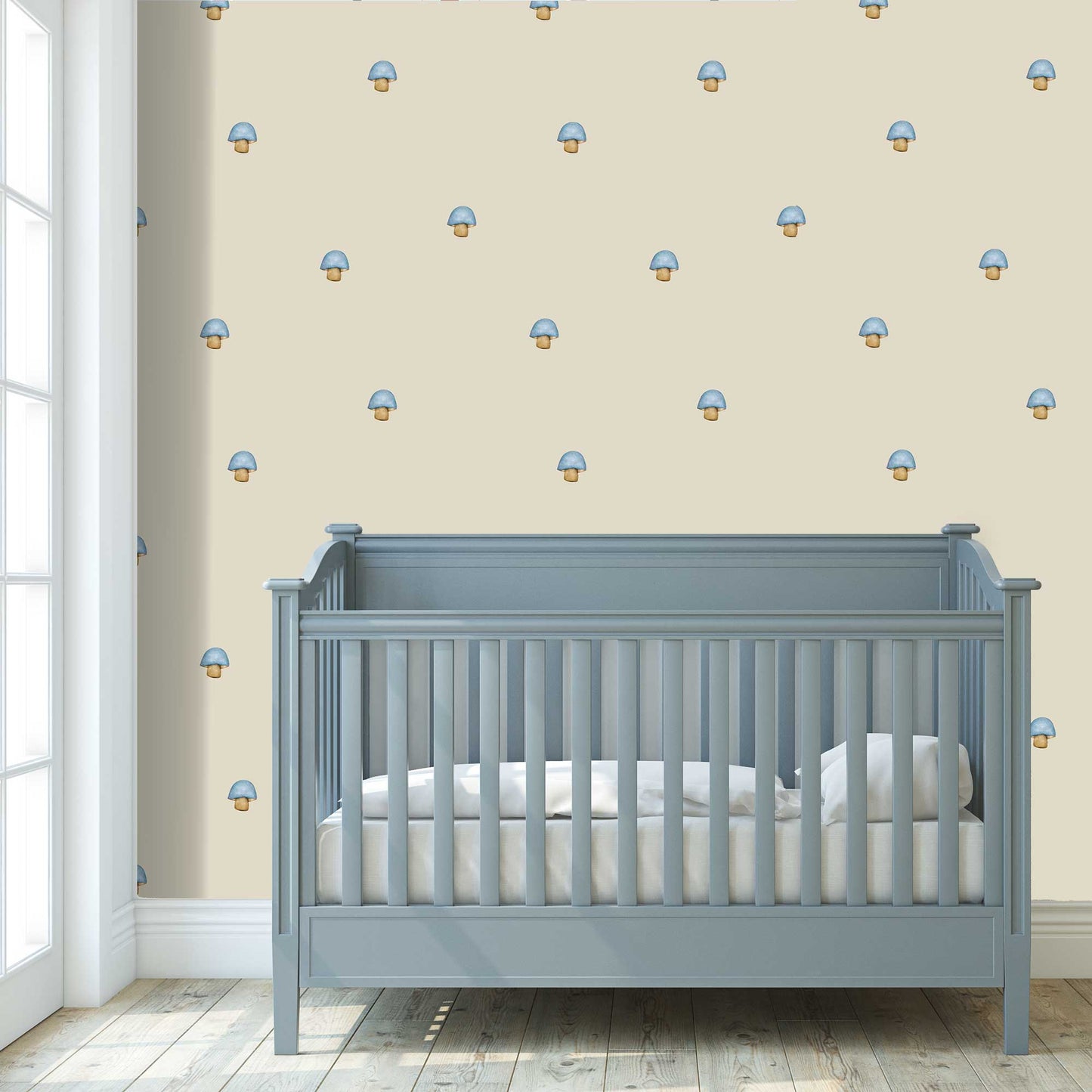 Wallpaper for Children The lone mushroom, bespoke luxury mushroom wallpaper for babies kids childrens nurseries playroom and bedrooms. Finished bedroom idea in a warm beige with turquoise  