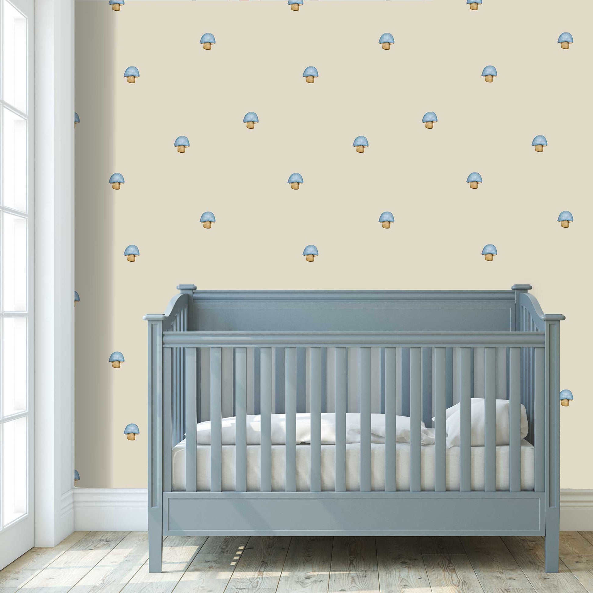 Wallpaper for Children The lone mushroom, bespoke luxury mushroom wallpaper for babies kids childrens nurseries playroom and bedrooms. Finished bedroom idea in a warm beige with turquoise  