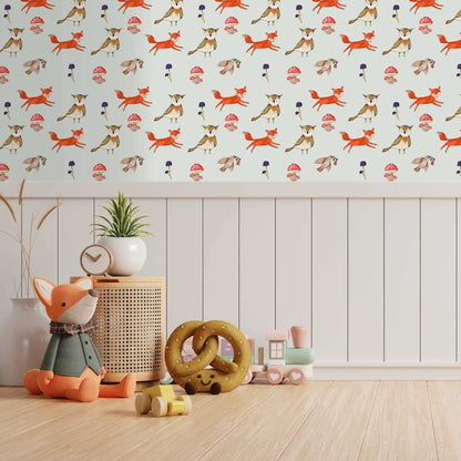 Desifn Idea Kids Bedroom Wallpaper  A woodland adventure, baby or kids wallpaper for any nursery, bedroom or playroom. Wise owl, fox, graceful bird bring this children's animal  personalised wallpaper to life. Warm grey background 