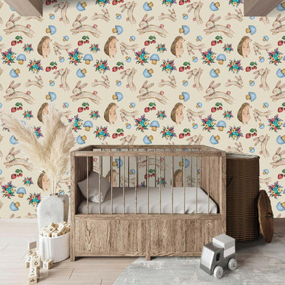 Kids Babies Bunny Wallpaper  Rabbit Hedgehog Flower Mushroom Personalised in warm beige 