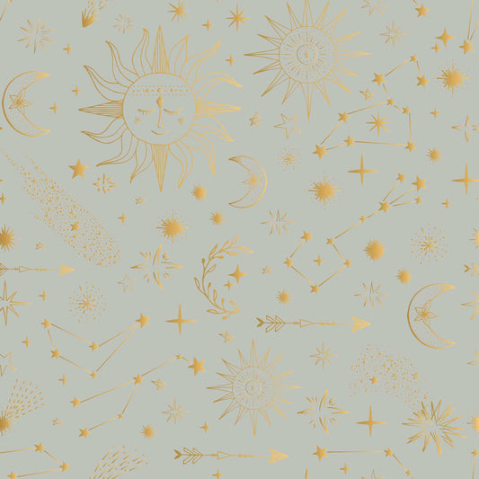 Wallpaper Shooting Stars Moons Sundials Childrens Bespoke Wallpaper pale green grey 