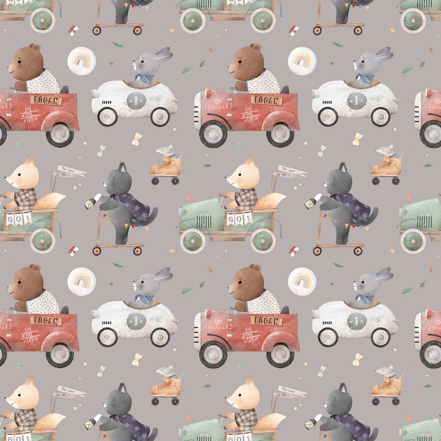 Bedroom Wallpaper for Kids Animals Bears Racing Cars Bunnies and Cats.  Main background colour grey