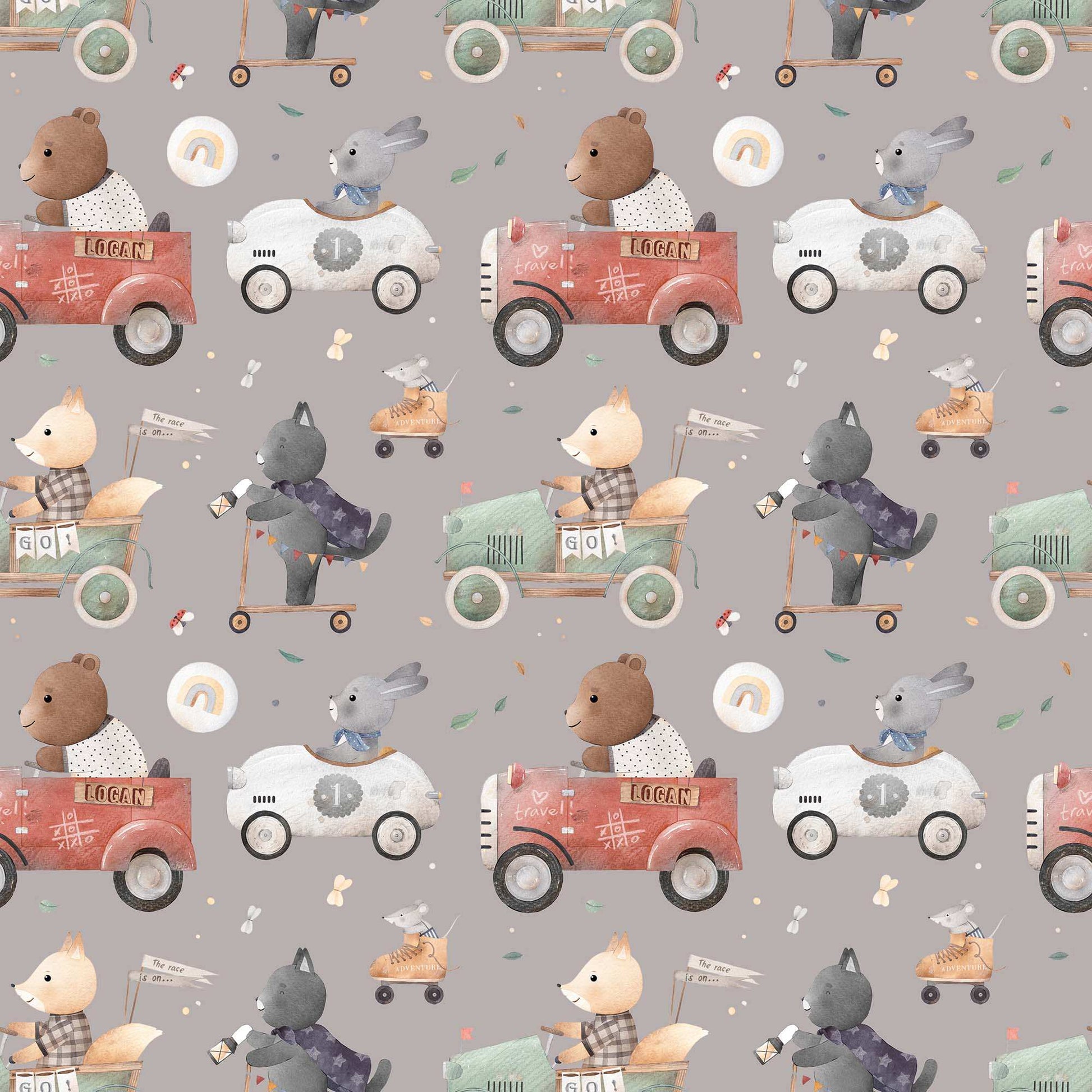Bedroom Wallpaper for Kids Animals Bears Racing Cars Bunnies and Cats.  Main background colour grey