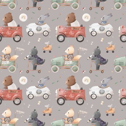 Bedroom Wallpaper for Kids Animals Bears Racing Cars Bunnies and Cats.  Main background colour grey