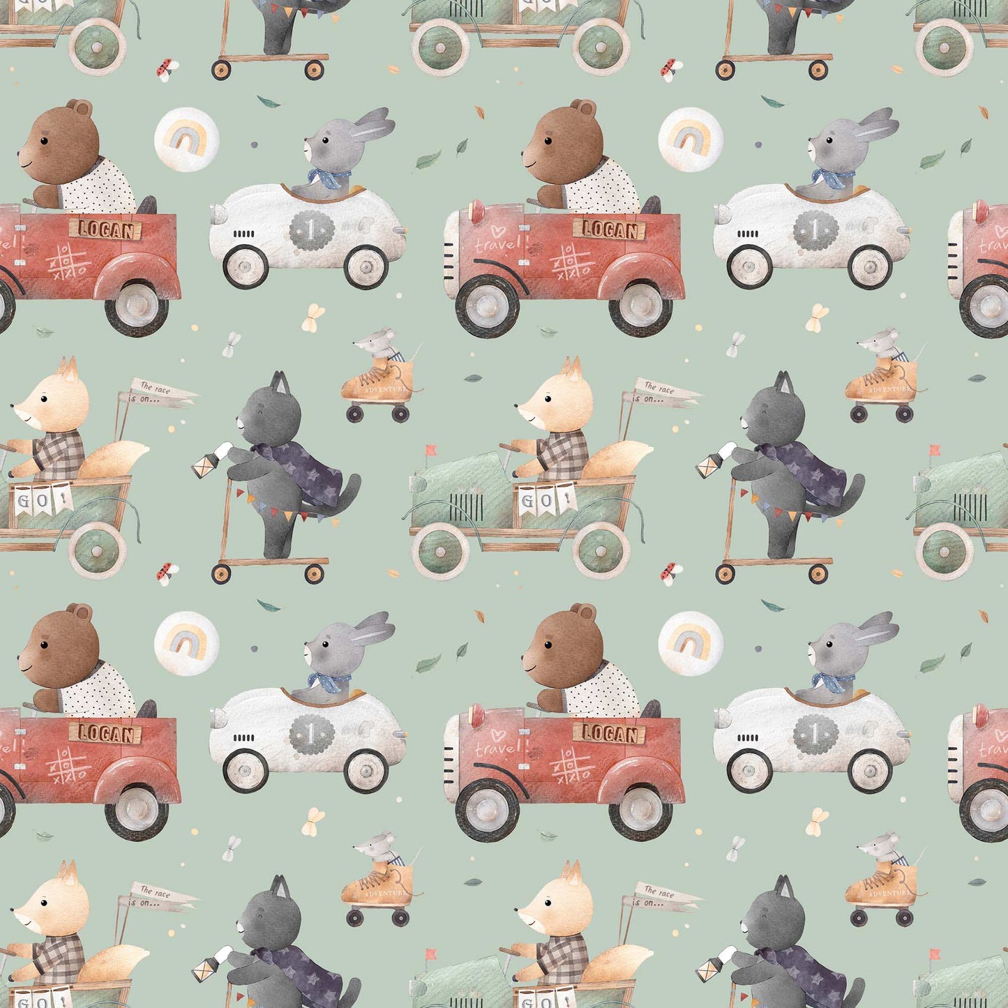 Bedroom Wallpaper for Kids Animals Bears Racing Cars Bunnies and Cats. Main background colour green