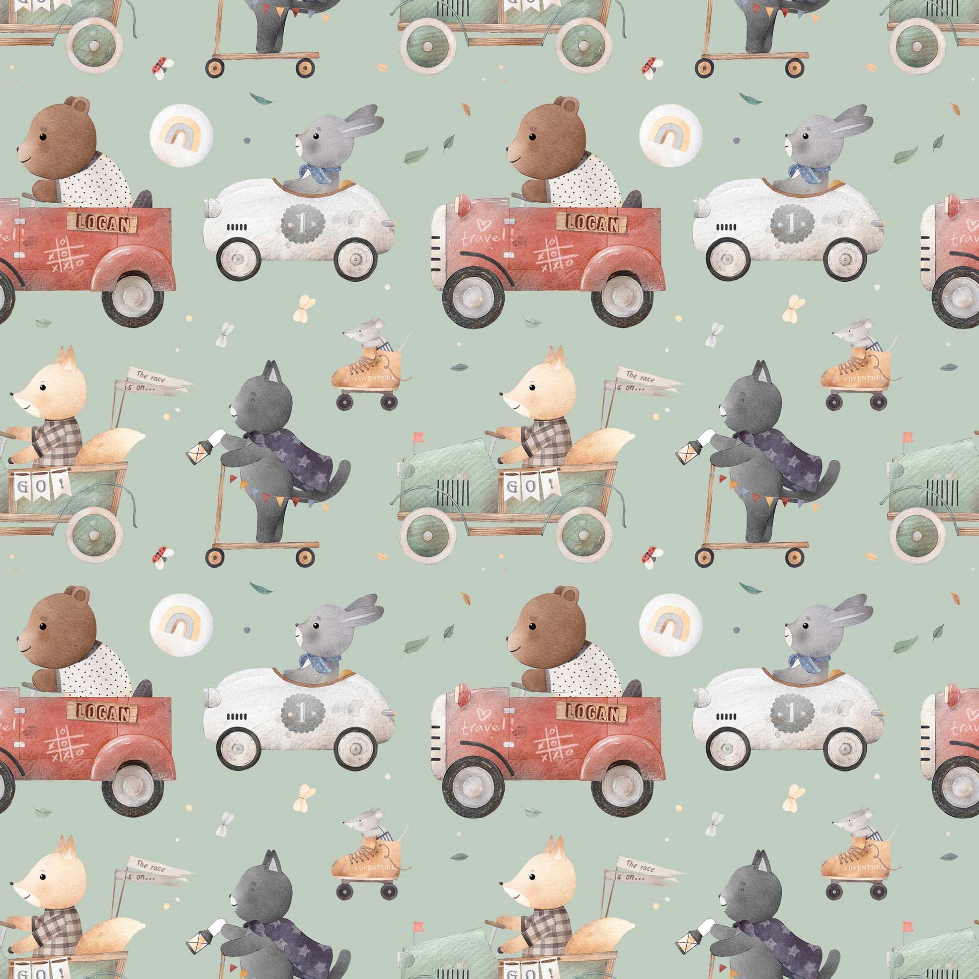 Bedroom Wallpaper for Kids Animals Bears Racing Cars Bunnies and Cats. Main background colour green