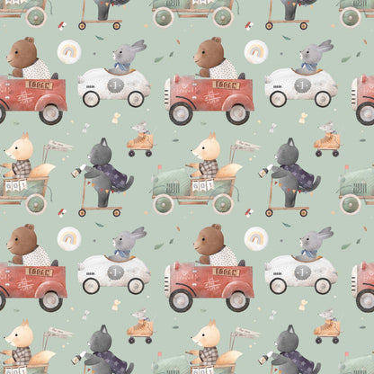 Bedroom Wallpaper for Kids Animals Bears Racing Cars Bunnies and Cats. Main background colour green