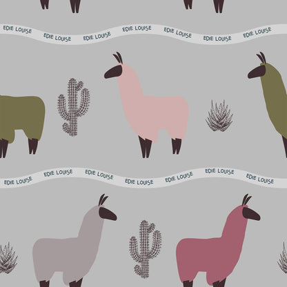 Nursery Childrens Wallpaper Llama animal bedroom wallpaper in grey pink green colours 