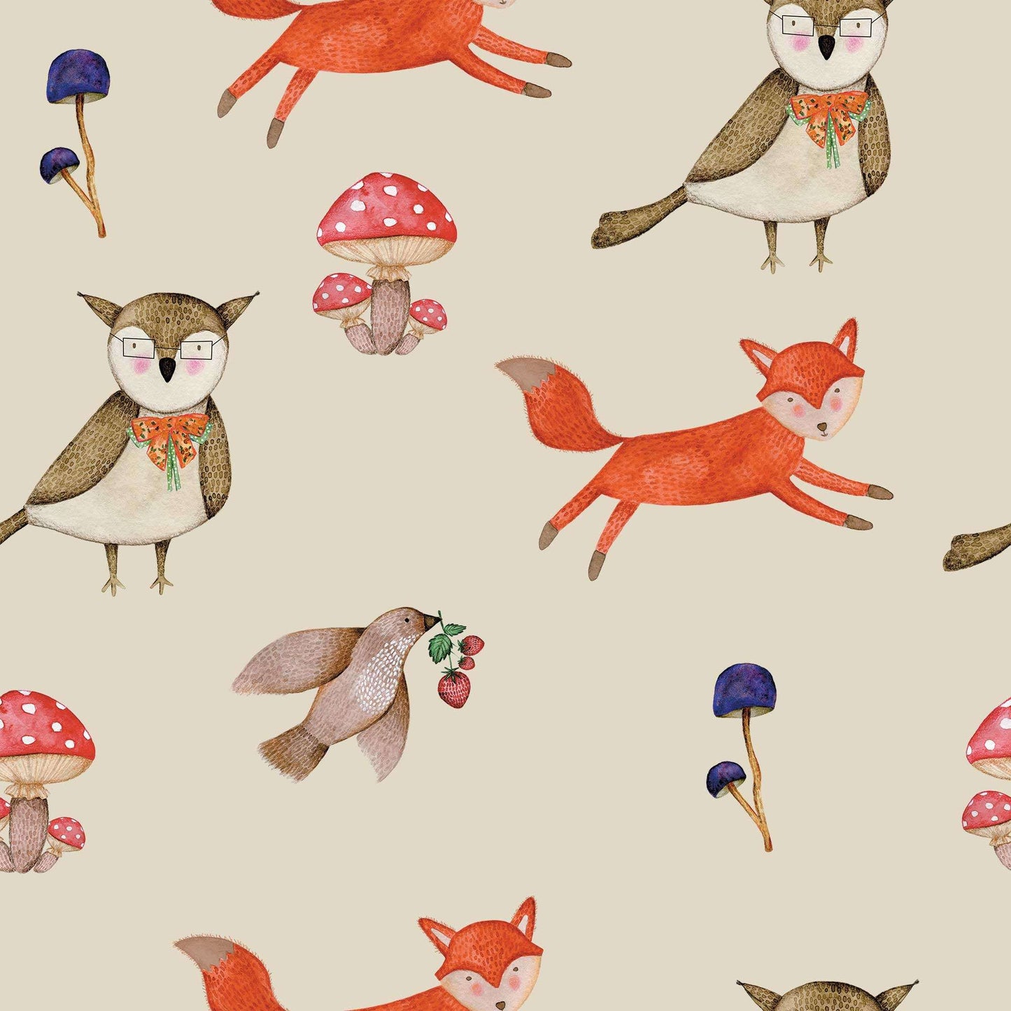 Kids Bedroom Wallpaper A woodland adventure, baby or kids wallpaper for any nursery, bedroom or playroom. Wise owl, fox, graceful bird bring this children's animal  personalised wallpaper to life. Warm Beige background 