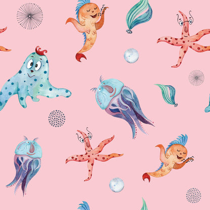 Kids Funny Wallpaper - Under the Sea, Funny Fish, Starfish, Jellyfish Sea Creatures, Octopus, Sea Pearls Exciting Wallpaper for Kids Bedrooms Kids Play areas Made UK coral background colour  