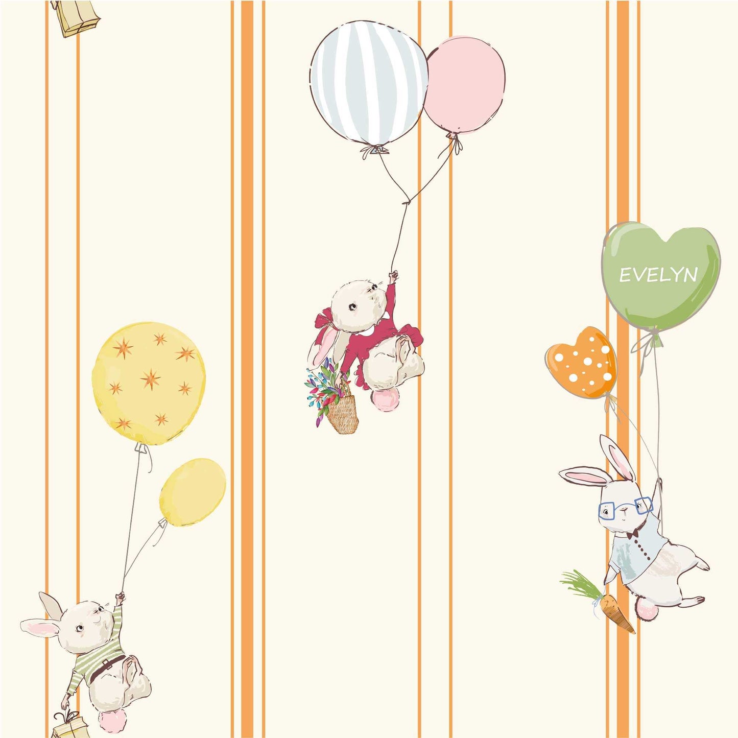 Kids Bedroom Wallpaper Cute Baby Bunnies Balloons Flowers Candy Pinstripes in Orange Peach colour 