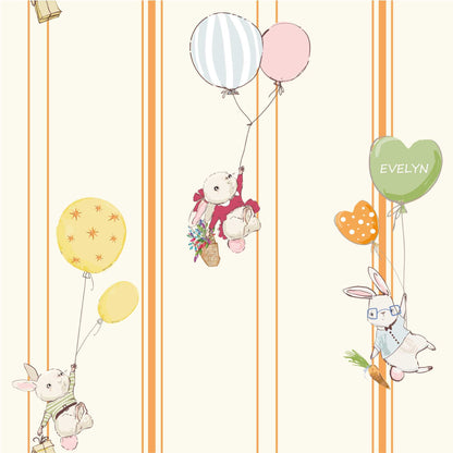 Kids Bedroom Wallpaper Cute Baby Bunnies Balloons Flowers Candy Pinstripes in Orange Peach colour 