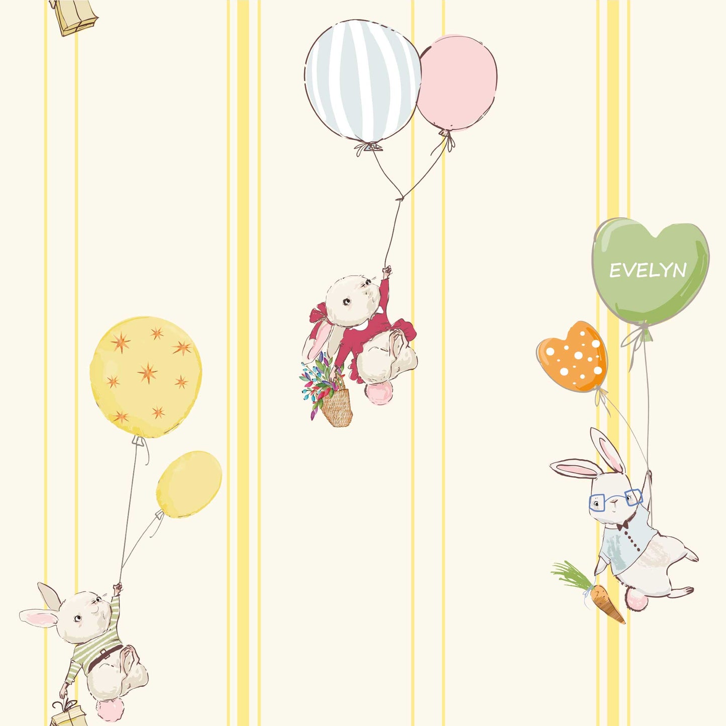 Kids Bedroom Wallpaper Cute Baby Bunnies Balloons Flowers Candy Pinstripes in Yellow  colour 