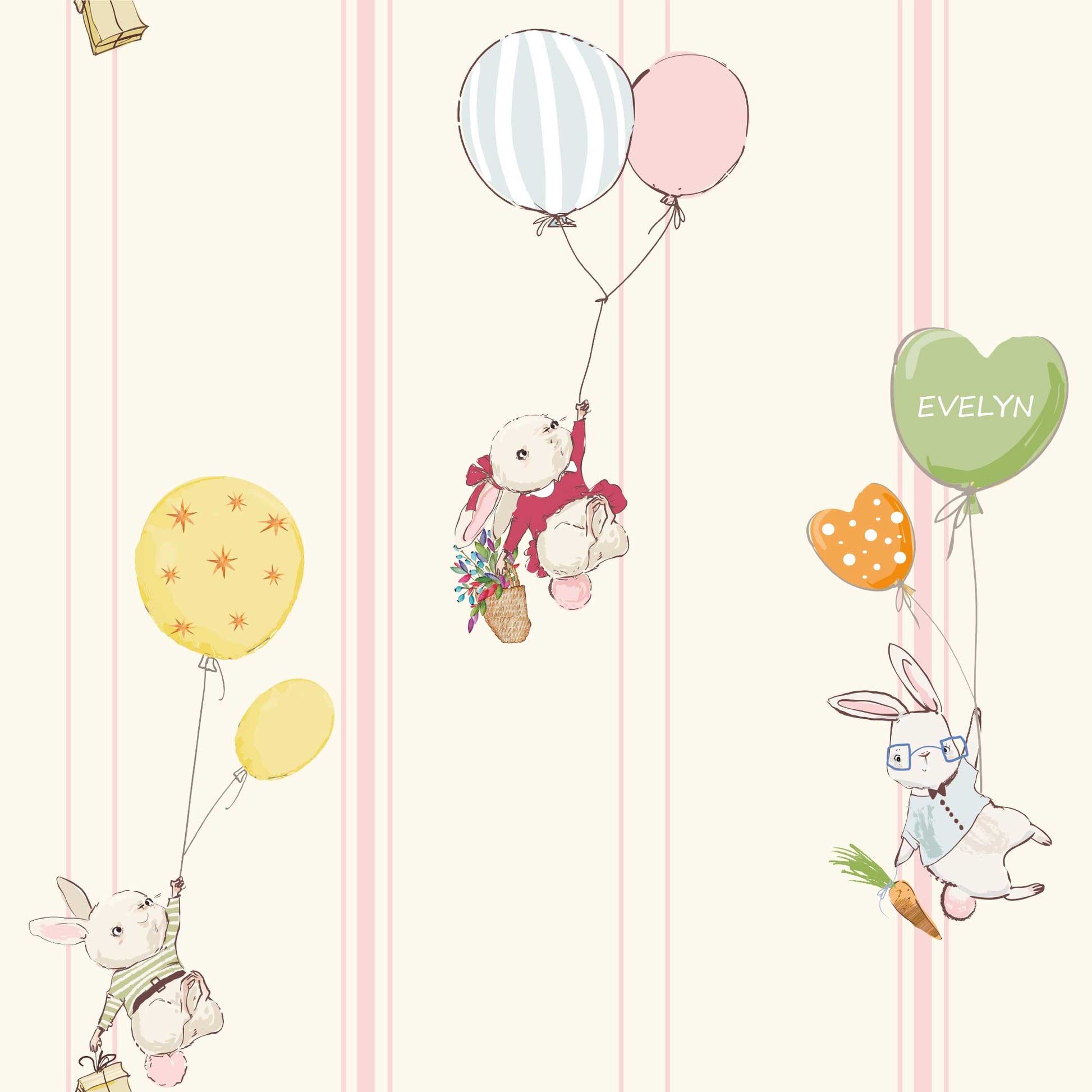 Kids Bedroom Wallpaper Cute Baby Bunnies Balloons Flowers Candy Pinstripes in Baby Pink  colour 