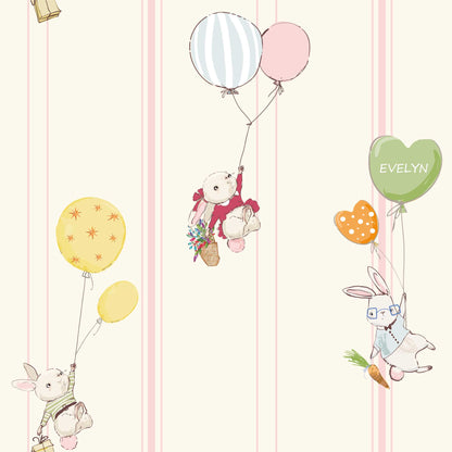 Kids Bedroom Wallpaper Cute Baby Bunnies Balloons Flowers Candy Pinstripes in Baby Pink  colour 