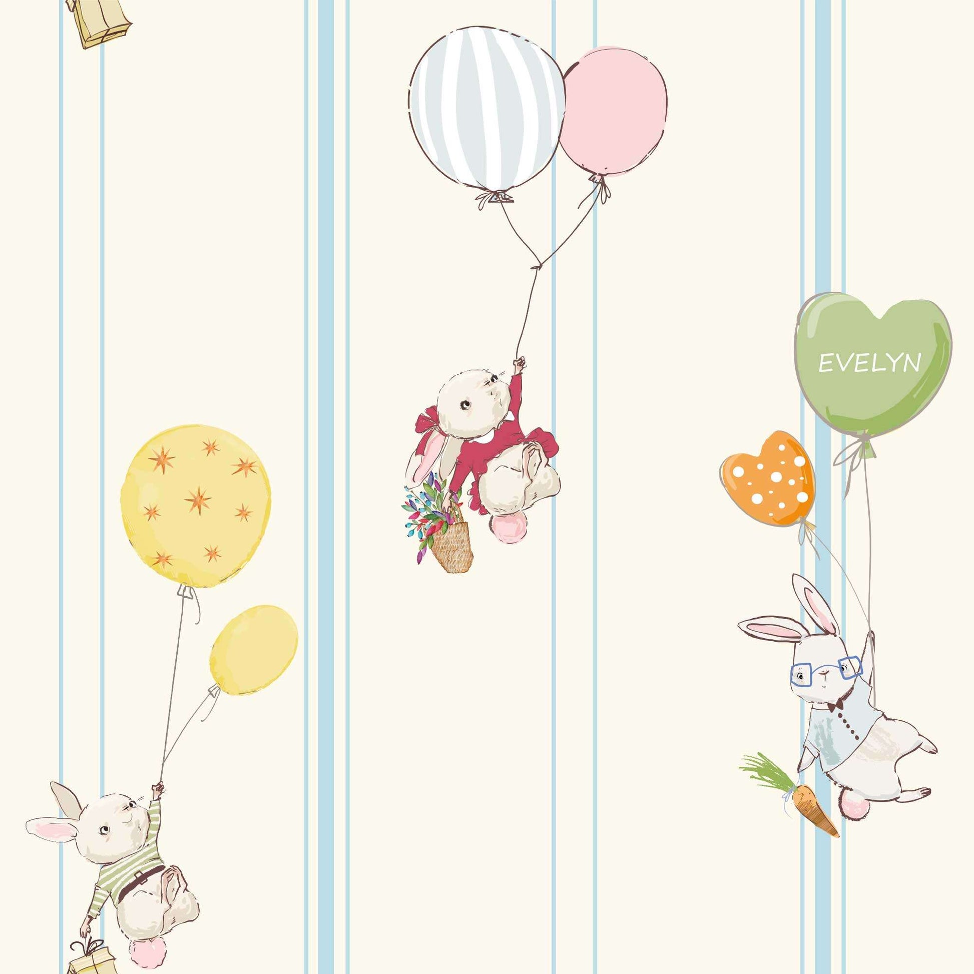 Kids Bedroom Wallpaper Cute Baby Bunnies Balloons Flowers Candy Pinstripes in Baby Blue colour 