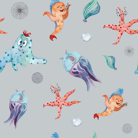 Kids Funny Wallpaper - Under the Sea, Funny Fish, Starfish, Jellyfish Sea Creatures, Octopus, Sea Pearls Exciting Wallpaper for Kids Bedrooms Kids Play areas Made UK Grey background colour 