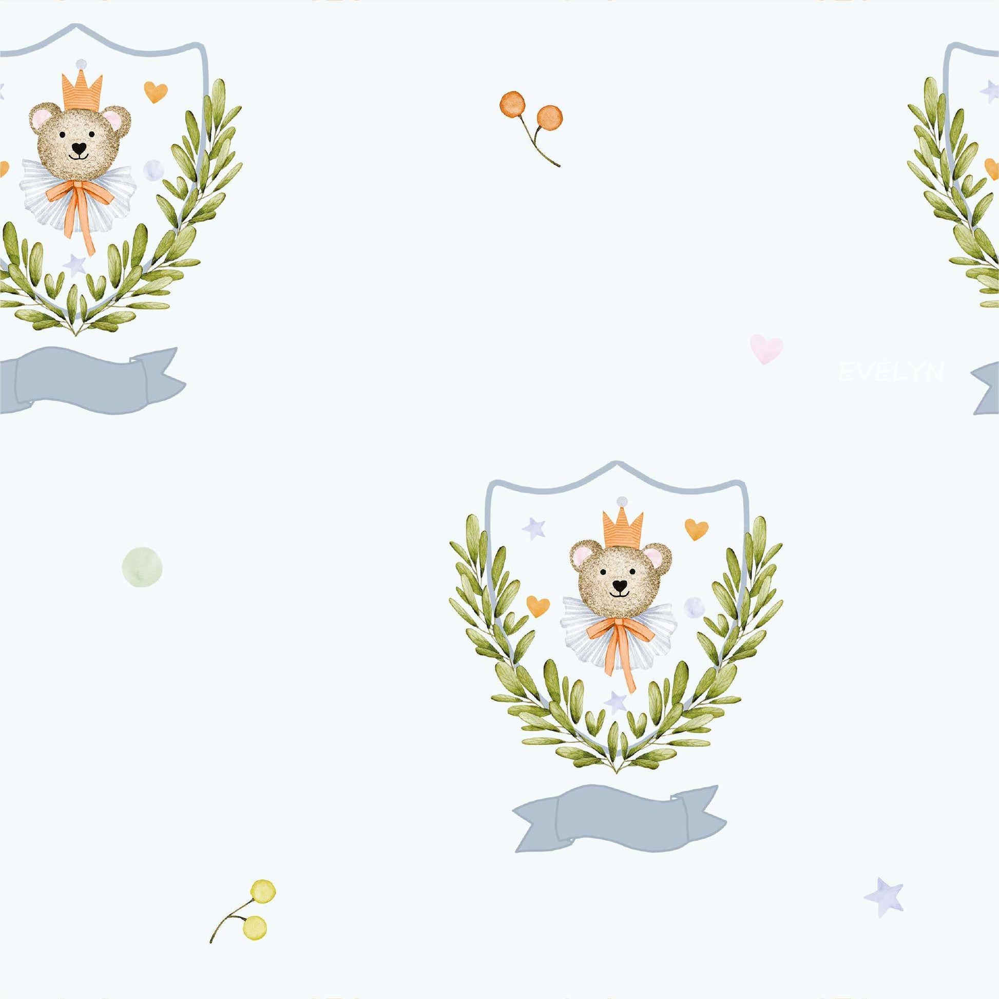 Blue Childrens Bedroom Wallpaper Personalised Heritage Bear with luscious leaves and topped with a whimsical Crown