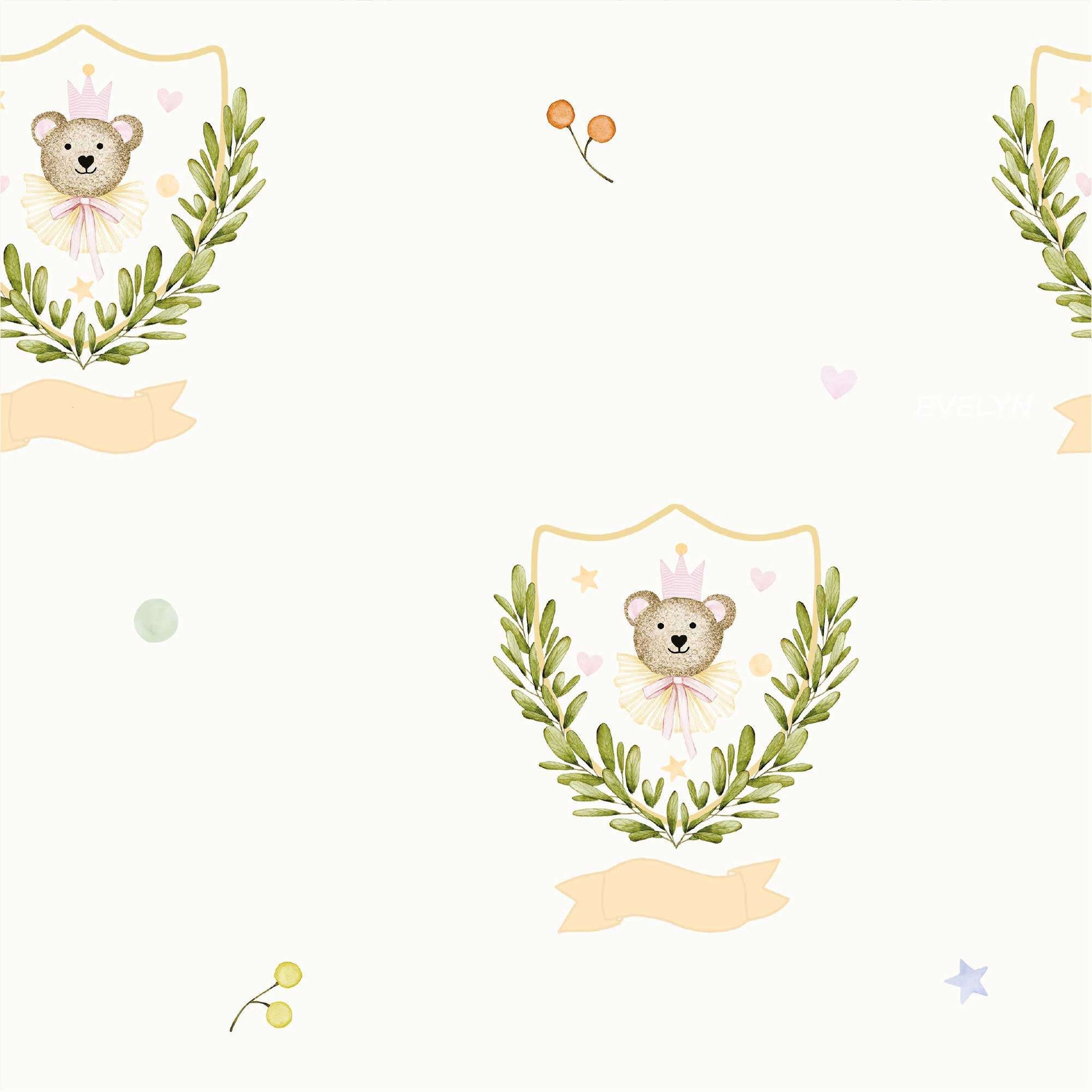 Peach Childrens Bedroom Wallpaper Personalised Heritage Bear with luscious leaves and topped with a whimsical Crown