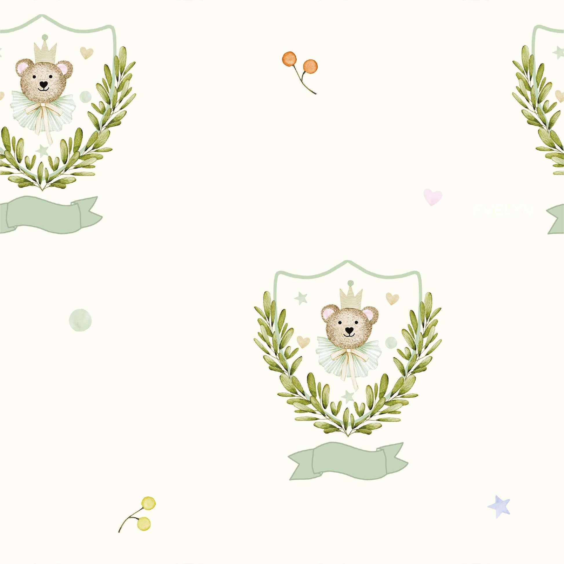 Green Childrens Bedroom Wallpaper Personalised Heritage Bear with luscious leaves and topped with a whimsical Crown