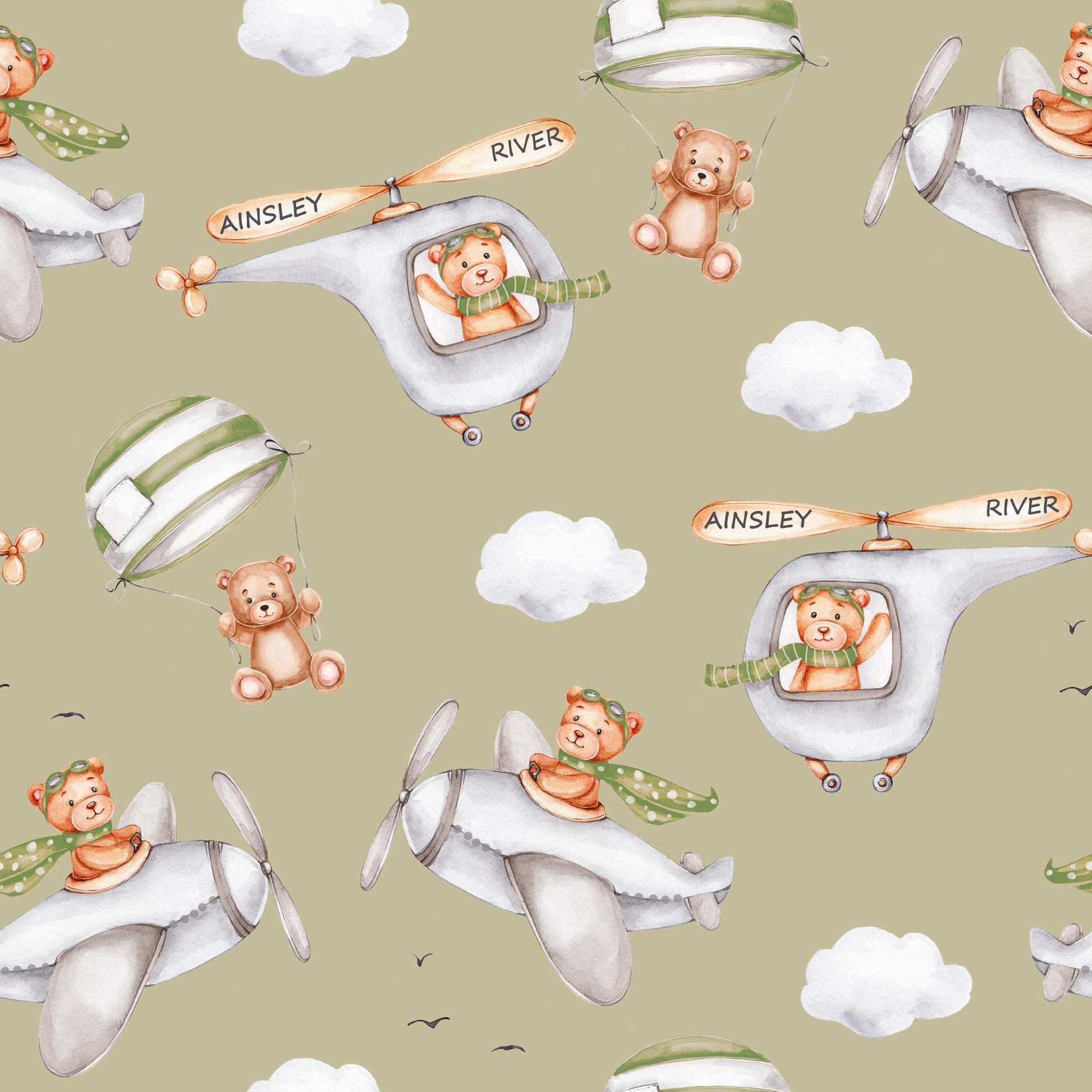 Green Boys Bedroom Wallpaper with Cute Flying Bears in Planes, Helicopters and Fluffy Clouds 