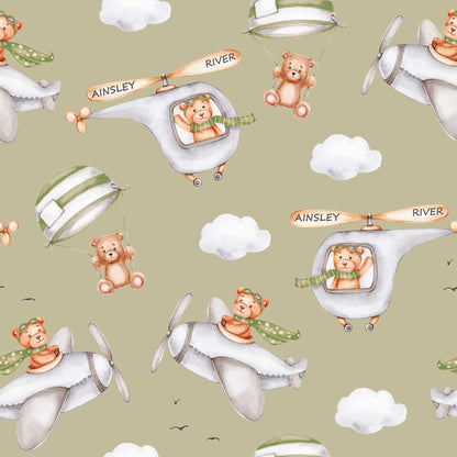 Green Boys Bedroom Wallpaper with Cute Flying Bears in Planes, Helicopters and Fluffy Clouds 
