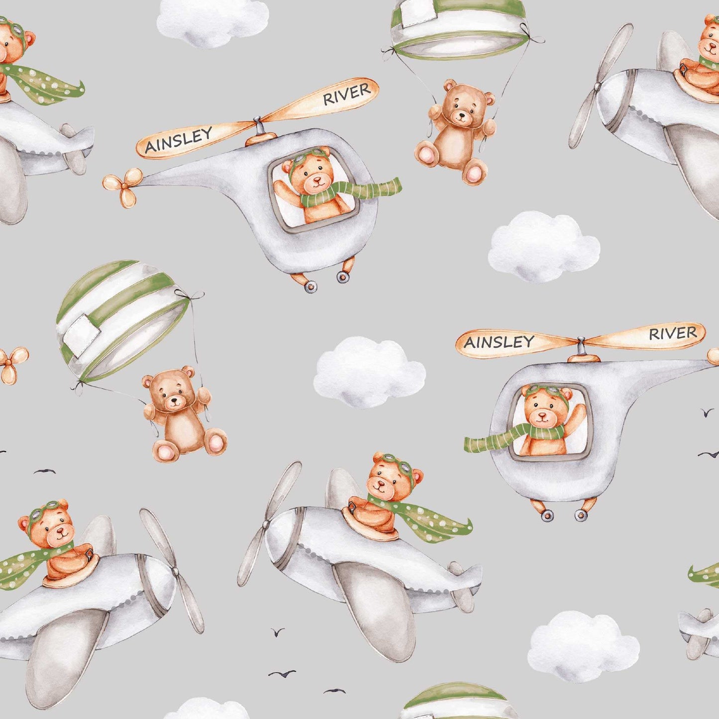 Grey Boys Bedroom Wallpaper with Cute Flying Bears in Planes, Helicopters and Fluffy Clouds 