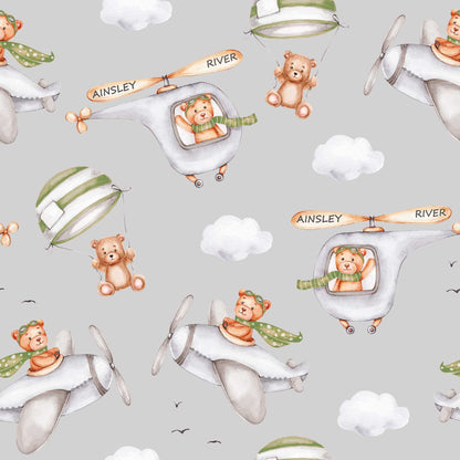 Grey Boys Bedroom Wallpaper with Cute Flying Bears in Planes, Helicopters and Fluffy Clouds 