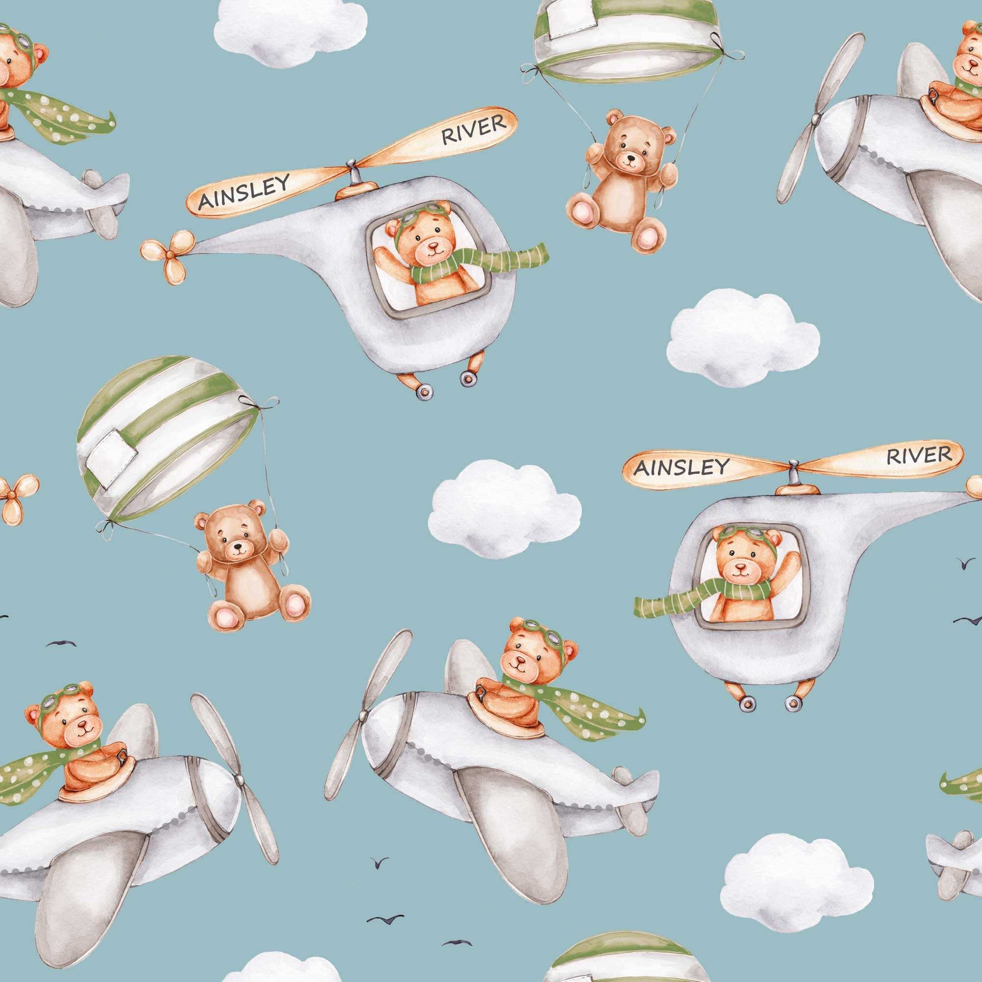 Blue Boys Bedroom Wallpaper with Cute Flying Bears in Planes, Helicopters and Fluffy Clouds 