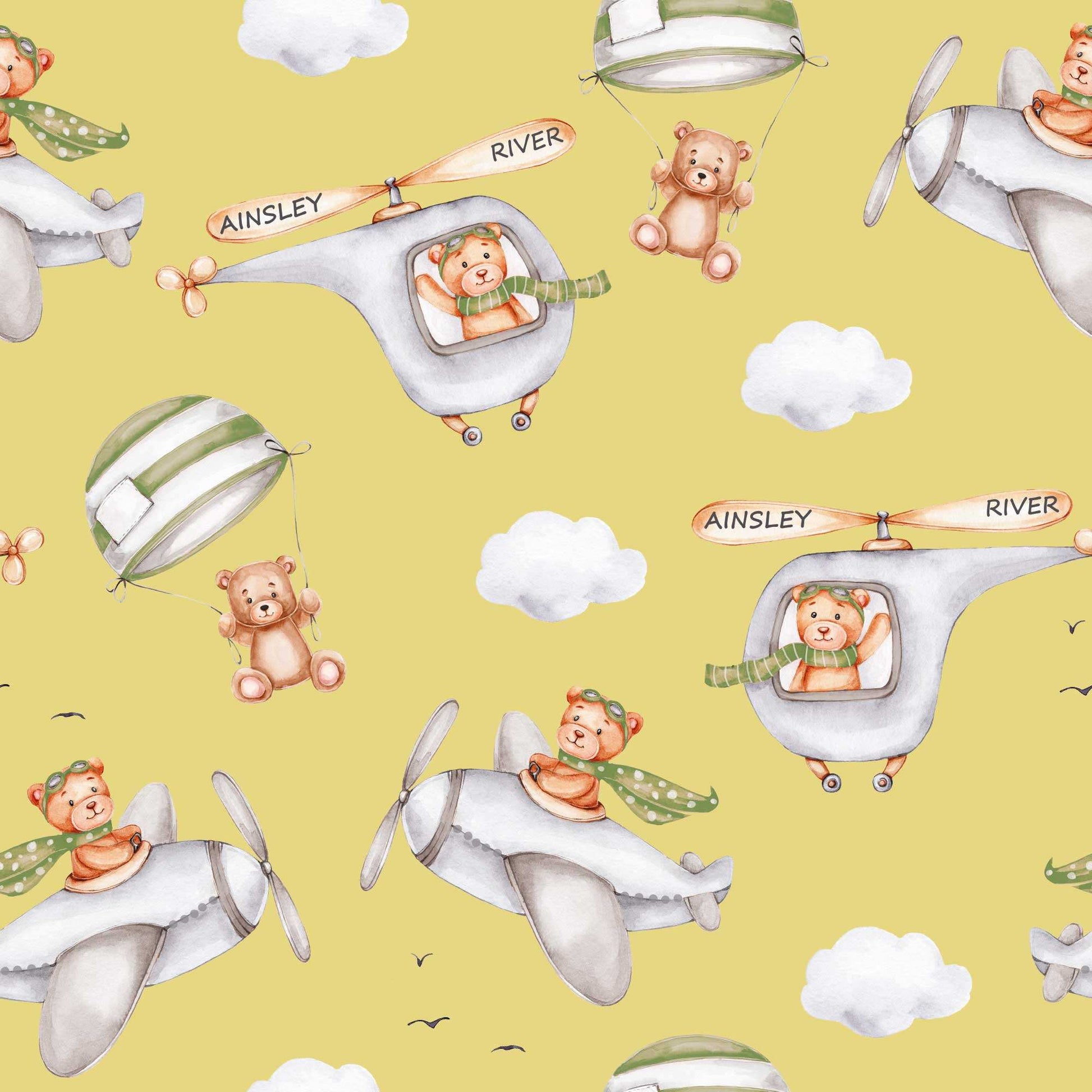 Yellow Boys Bedroom Wallpaper with Cute Flying Bears in Planes, Helicopters and Fluffy Clouds 