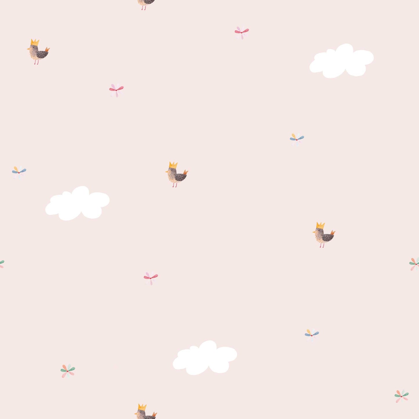 Baby Pink Nursery Wallpaper with Cute Birds in Golden Crowns and Fluffy Clouds.
