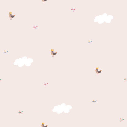 Baby Pink Nursery Wallpaper with Cute Birds in Golden Crowns and Fluffy Clouds.