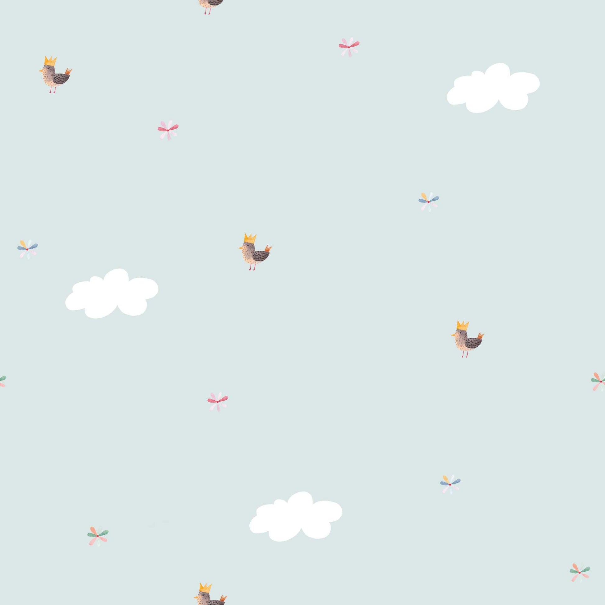 Baby Blue Nursery Wallpaper with Cute Birds in Golden Crowns and Fluffy Clouds.