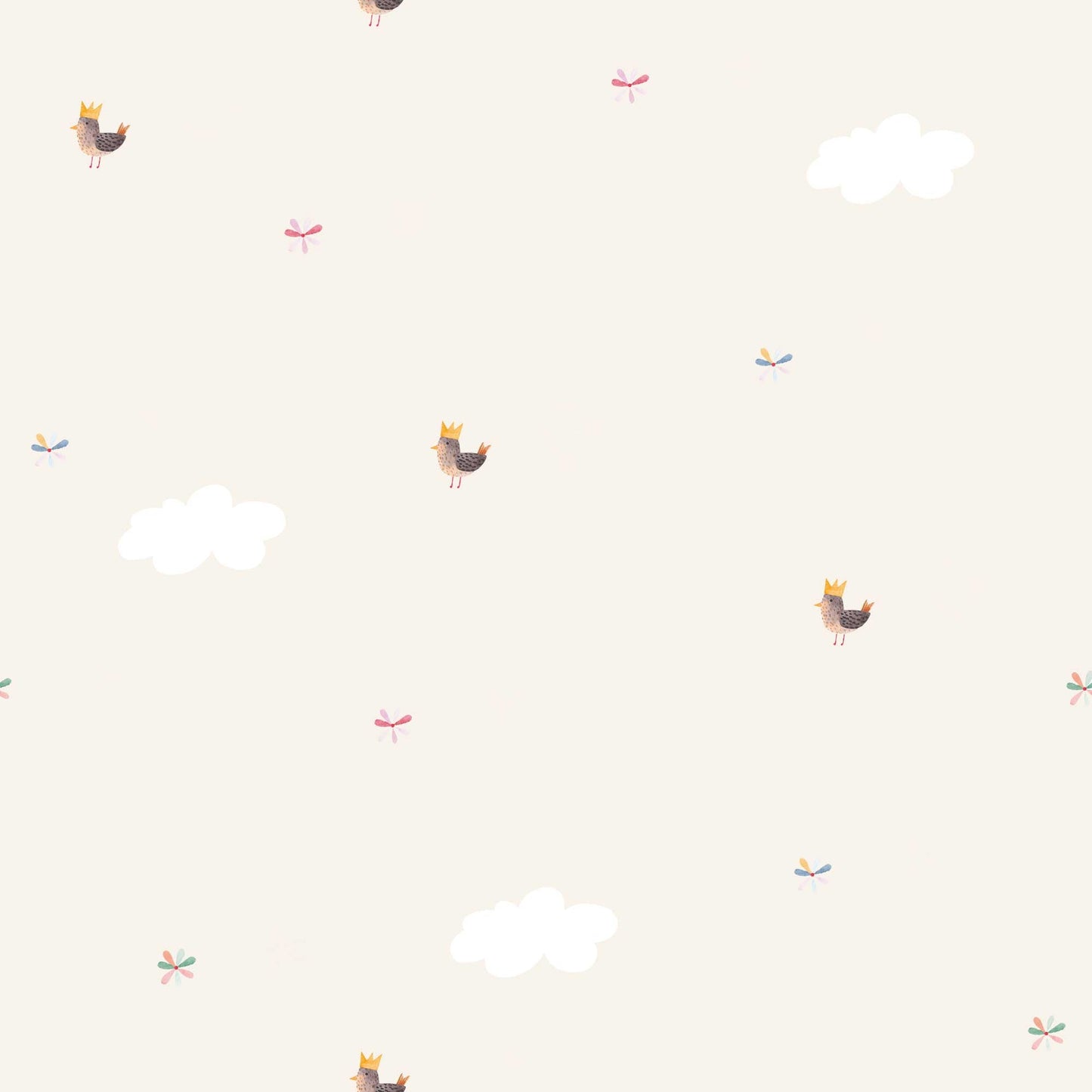 Baby Beige Nursery Wallpaper with Cute Birds in Golden Crowns and Fluffy Clouds.