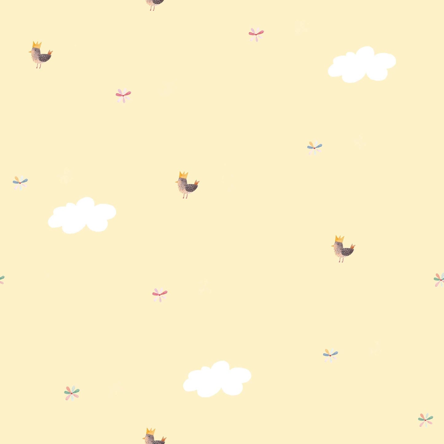 Baby Yellow Nursery Wallpaper with Cute Birds in Golden Crowns and Fluffy Clouds.