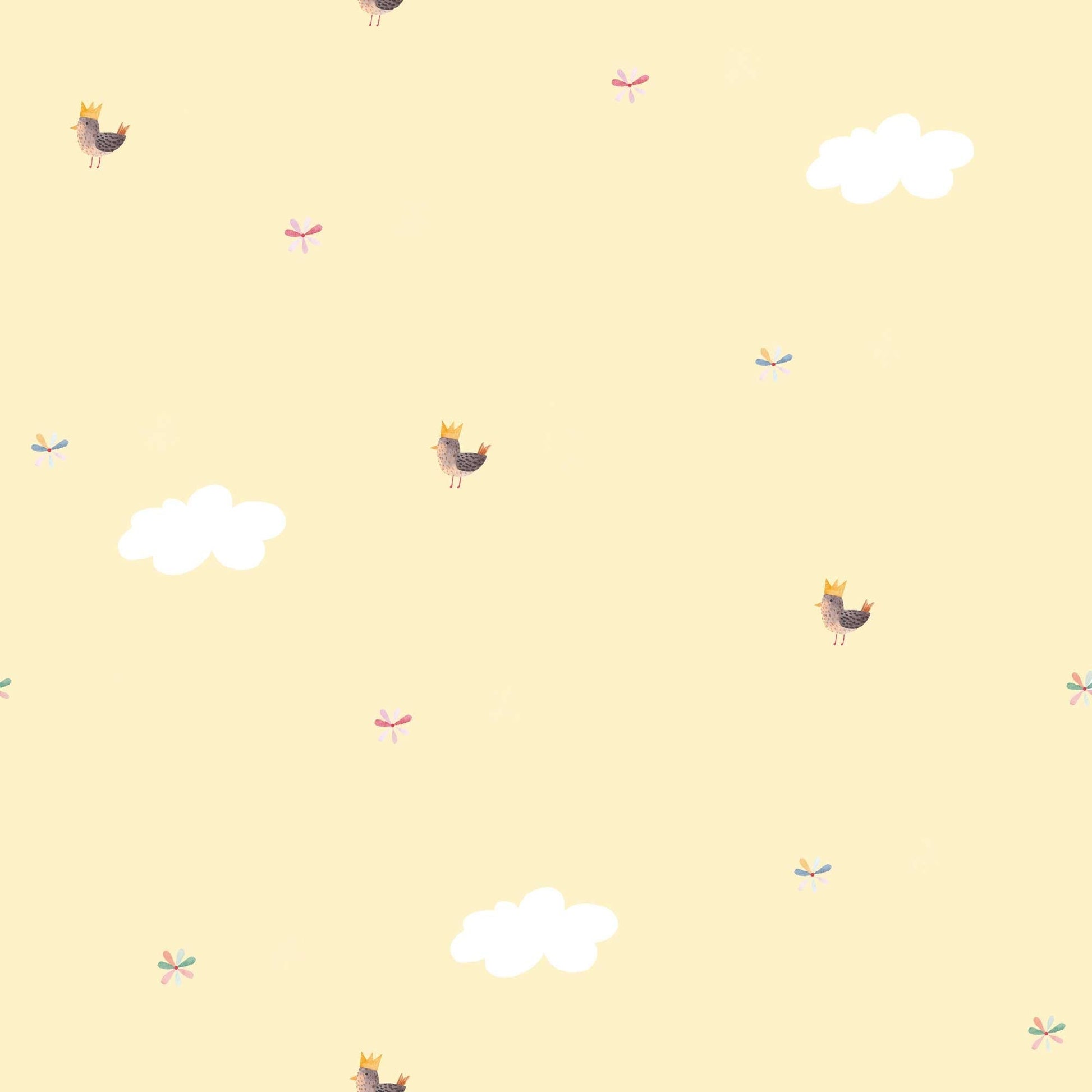 Baby Yellow Nursery Wallpaper with Cute Birds in Golden Crowns and Fluffy Clouds.
