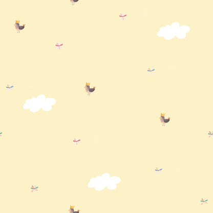 Baby Yellow Nursery Wallpaper with Cute Birds in Golden Crowns and Fluffy Clouds.