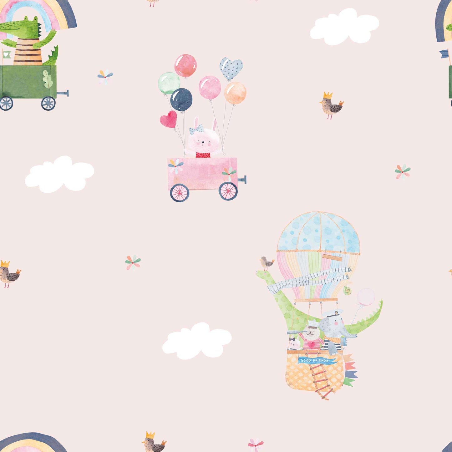 Baby Pink Nursery Wallpaper Rainbows, Cute Birds, Bunnies, Fluffy White Clouds.