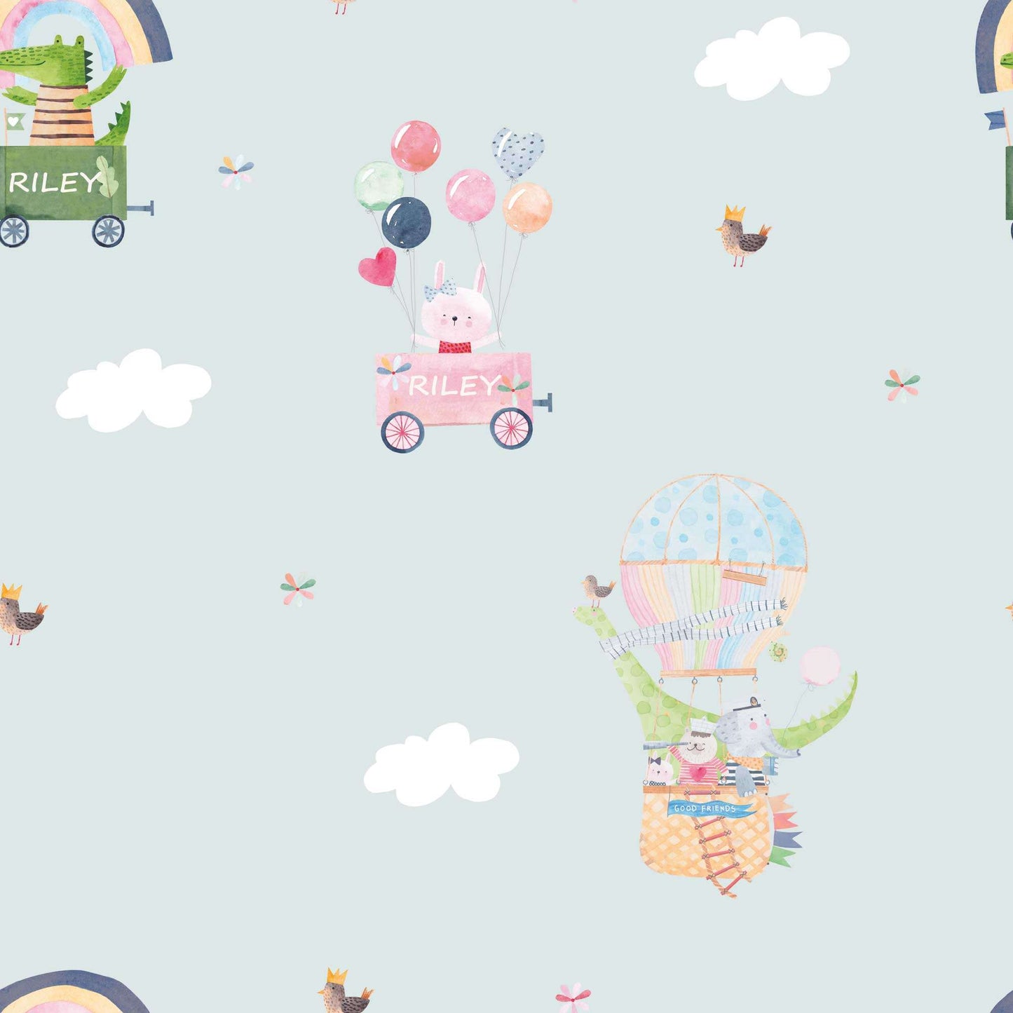Baby Blue Nursery Wallpaper Rainbows, Cute Birds, Bunnies, Fluffy White Clouds.