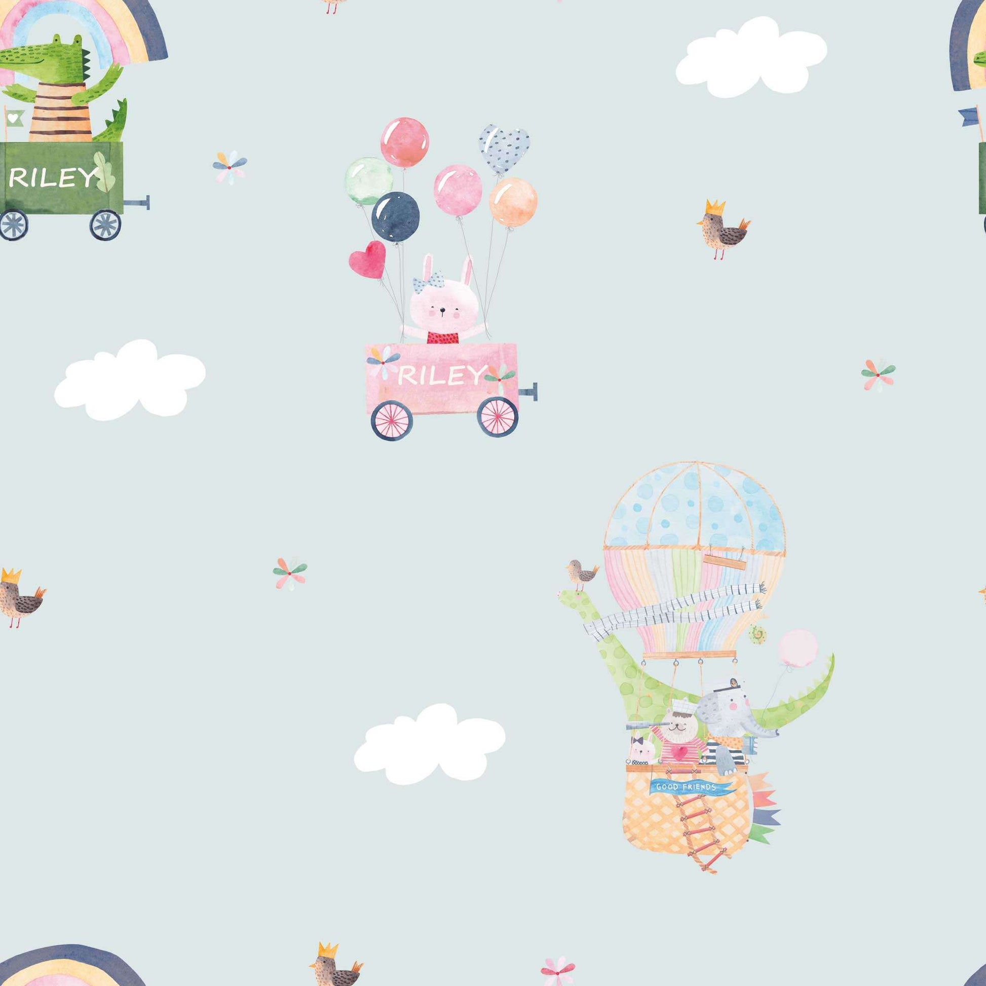 Baby Blue Nursery Wallpaper Rainbows, Cute Birds, Bunnies, Fluffy White Clouds.