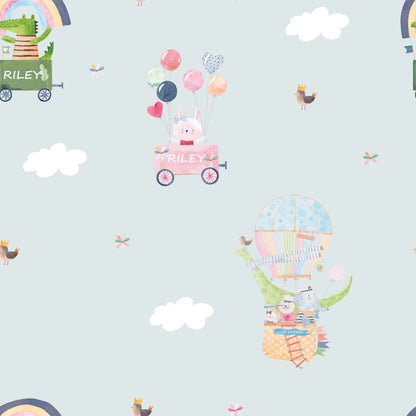 Baby Blue Nursery Wallpaper Rainbows, Cute Birds, Bunnies, Fluffy White Clouds.