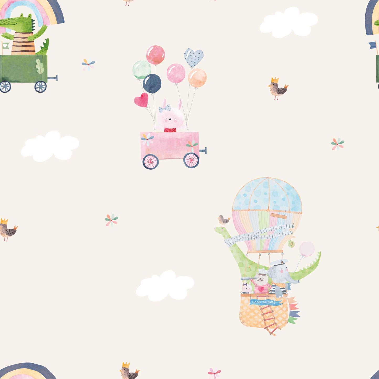 Baby Beige Nursery Wallpaper Rainbows, Cute Birds, Bunnies, Fluffy White Clouds.