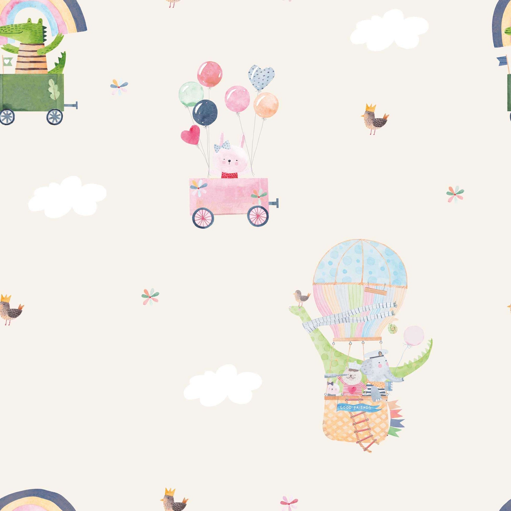 Baby Beige Nursery Wallpaper Rainbows, Cute Birds, Bunnies, Fluffy White Clouds.
