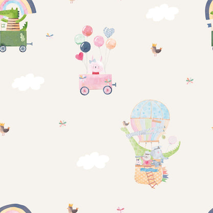 Baby Beige Nursery Wallpaper Rainbows, Cute Birds, Bunnies, Fluffy White Clouds.