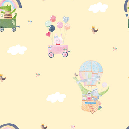 Baby Yellow Nursery Wallpaper Rainbows, Cute Birds, Bunnies, Fluffy White Clouds.