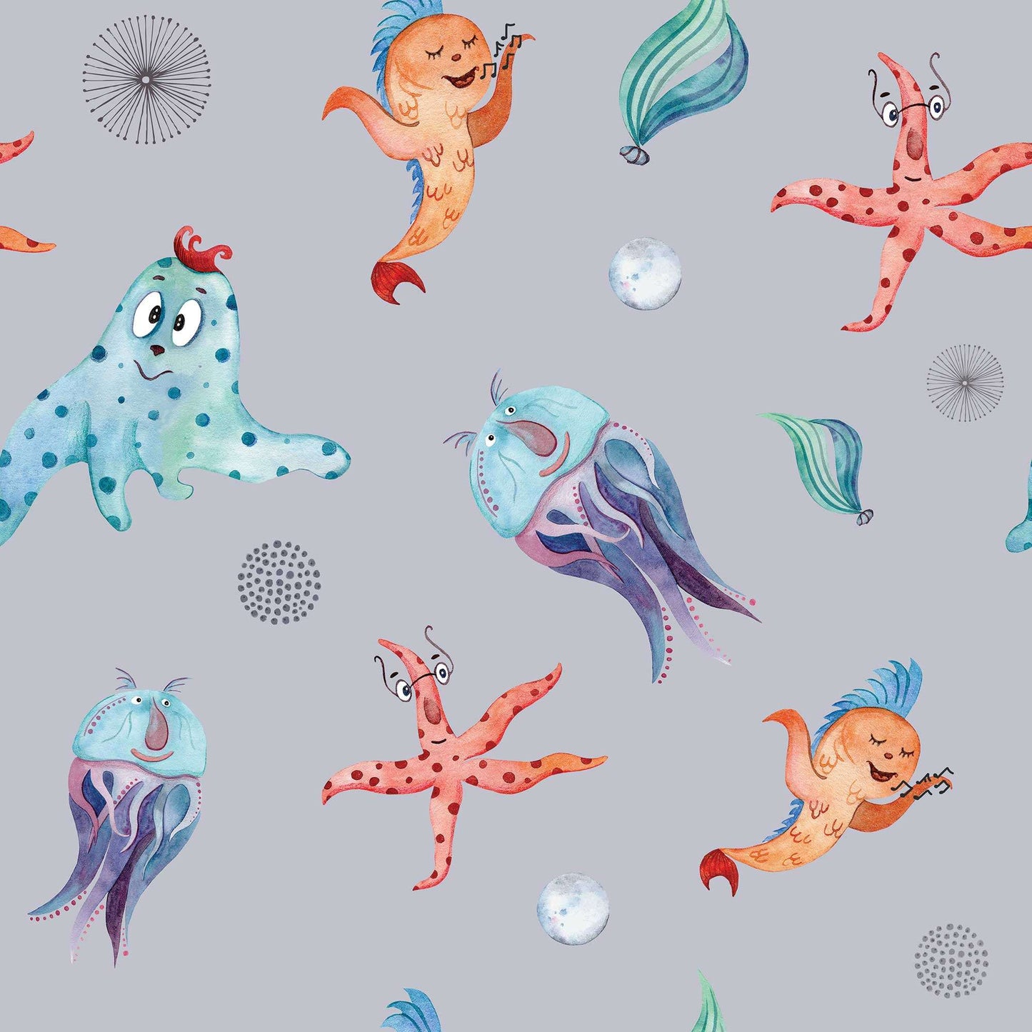 Kids Funny Wallpaper - Under the Sea, Funny Fish, Starfish, Jellyfish Sea Creatures, Octopus, Sea Pearls Exciting Wallpaper for Kids Bedrooms Kids Play areas Made UK Grey background colour 