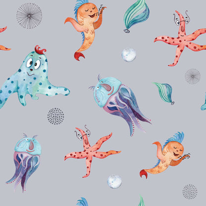 Kids Funny Wallpaper - Under the Sea, Funny Fish, Starfish, Jellyfish Sea Creatures, Octopus, Sea Pearls Exciting Wallpaper for Kids Bedrooms Kids Play areas Made UK Grey background colour 