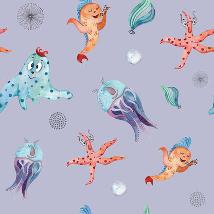 Kids Funny Wallpaper - Under the Sea, Funny Fish, Starfish, Jellyfish Sea Creatures, Octopus, Sea Pearls Exciting Wallpaper for Kids Bedrooms Kids Play areas Made UK light purple  background colour 
