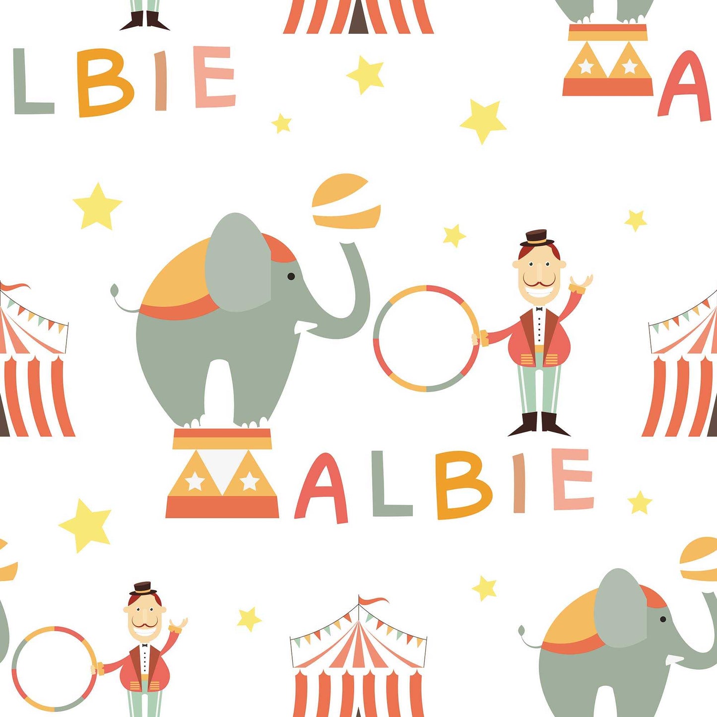 Circus Wallpaper for Kids Personalised luxury kids fun wallpaper featuring circus ringmaster, big top tents, majestic elephants, and twinkling stars. Wallpaper for nurseries playroom or play areas 