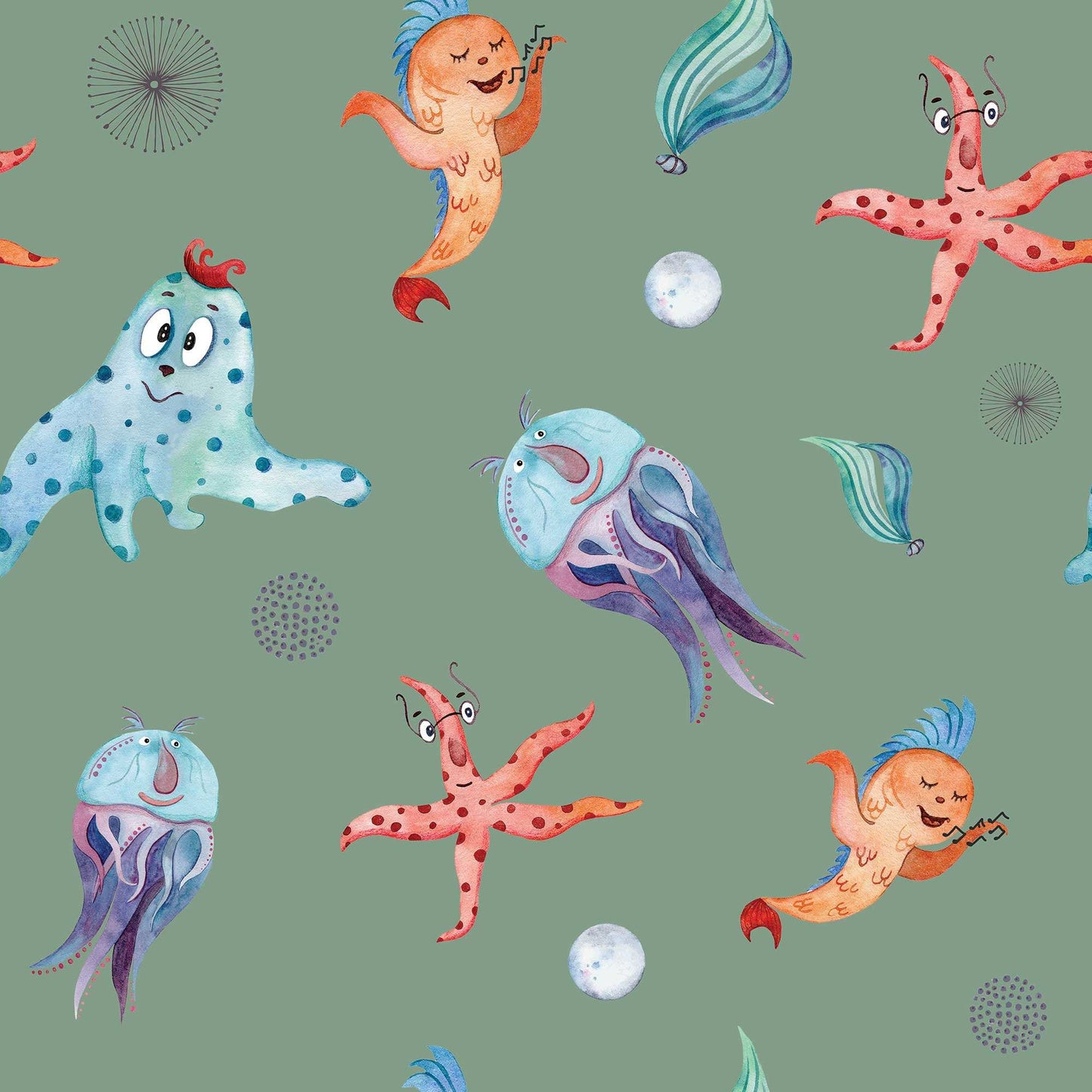 Kids Funny Wallpaper - Under the Sea, Funny Fish, Starfish, Jellyfish Sea Creatures, Octopus, Sea Pearls Exciting Wallpaper for Kids Bedrooms Kids Play areas Made UK green background colour 
